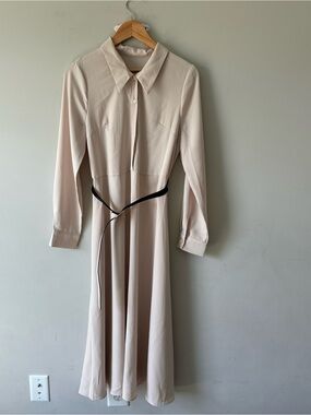 Cream Long-Sleeve Shirt Dress with Contrast Belt